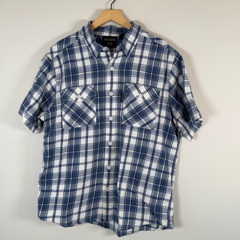 Harley Davidson Men's‎ Plaid Button Up Shirt Large Short Sleeve 100% Cotton Top